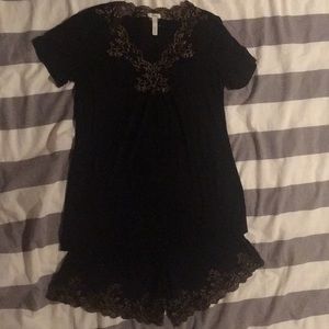 PJ Set: Black Shirt & Pants Lined With Gold Lace